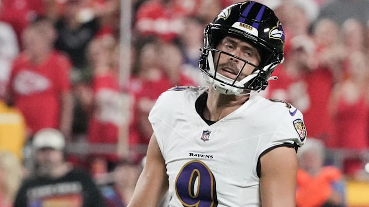 Sep 5, 2024; Kansas City, Missouri, USA; Baltimore Ravens kicker Justin Tucker (9) reacts after missing a field goal against the Kansas City Chiefs during the game at GEHA Field at Arrowhead Stadium. Sep 5, 2024; Kansas City, Missouri, USA; Baltimore Ravens kicker Justin Tucker (9) reacts after missing a field goal against the Kansas City Chiefs during the game at GEHA Field at Arrowhead Stadium.