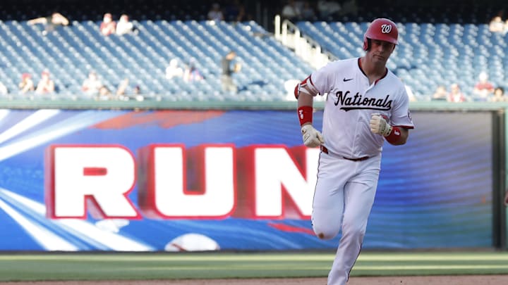 Apr 28, 2025; Washington, District of Columbia, USA; Washington Nationals first base Nathaniel Lowe (33) rounds there bases after hitting a home run against the New York Mets during the eighth inning at Nationals Park. Mandatory Credit: Geoff Burke-Imagn Images