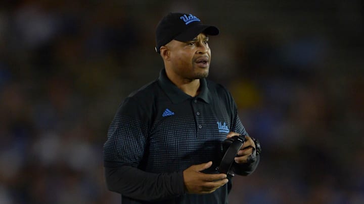 Aug 31, 2013; Pasadena, CA, USA; UCLA Bruins passing game coordinator coach Demetrice Martin during the game against the Nevada Wolf Pack at the Rose Bowl. UCLA defeated Nevada 58-20. Mandatory Credit: Kirby Lee-Imagn Images