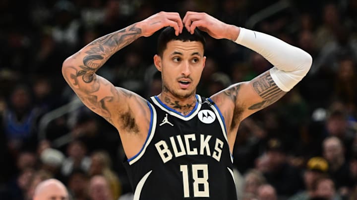 Apr 27, 2025; Milwaukee, Wisconsin, USA; Milwaukee Bucks forward Kyle Kuzma (18) reacts in the third quarter against the Indiana Pacers during game four of first round for the 2024 NBA Playoffs at Fiserv Forum. Mandatory Credit: Benny Sieu-Imagn Images Apr 27, 2025; Milwaukee, Wisconsin, USA; Milwaukee Bucks forward Kyle Kuzma (18) reacts in the third quarter against the Indiana Pacers during game four of first round for the 2024 NBA Playoffs at Fiserv Forum. Mandatory Credit: Benny Sieu-Imagn Images