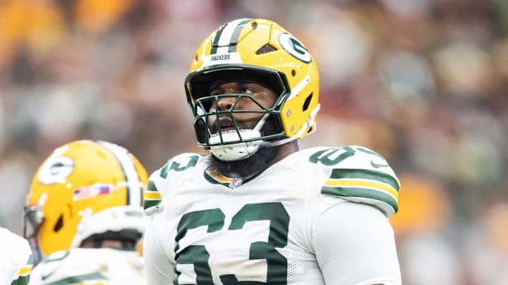 Oct 19, 2025; Glendale, Arizona, USA; Green Bay Packers tackle Rasheed Walker (63) against the Arizona Cardinals at State Farm Stadium. Mandatory Credit: Mark J. Rebilas-Imagn Images