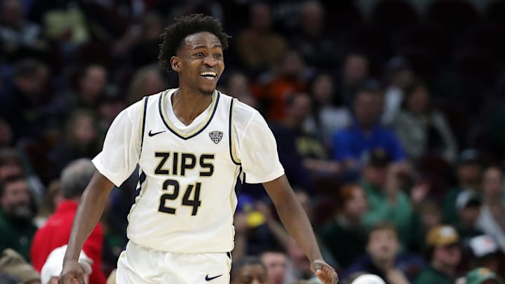 Akron Zips guard Ali Ali (24) celebrates during the second half of an NCAA college basketball game