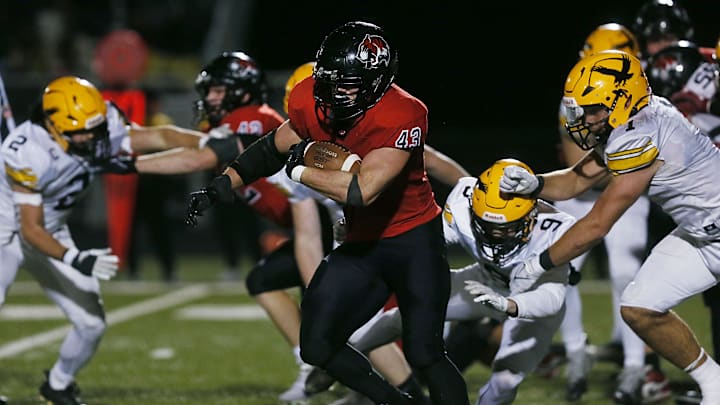 Gilbert's running back Will Hawthorne (43) tracks tackle and run for a touchdown against Waverly-Shell Rock during the third quarter in the 4A first round high school football playoff at Gilbert High School on Friday, Nov. 1, 2024, in Gilbert, Iowa