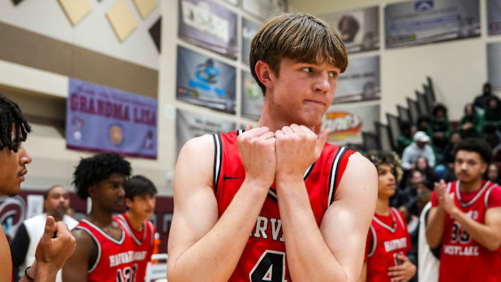Harvard-Westlake's Nikolas Khamenia is announced with the starting lineup before their game in the Desert Holiday Classic in Rancho Mirage, Calif., Thursday, Dec. 26, 2024.