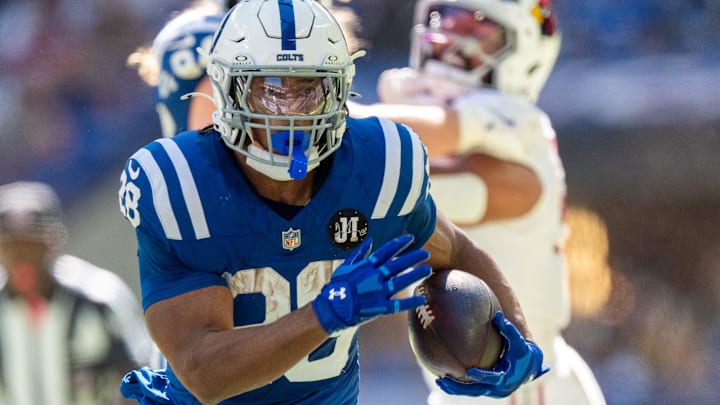 Indianapolis Colts running back Jonathan Taylor (28) runs Sunday, Oct. 12, 2025, against the Arizona Cardinals at Lucas Oil Stadium in Indianapolis. Indianapolis Colts running back Jonathan Taylor (28) runs Sunday, Oct. 12, 2025, against the Arizona Cardinals at Lucas Oil Stadium in Indianapolis.