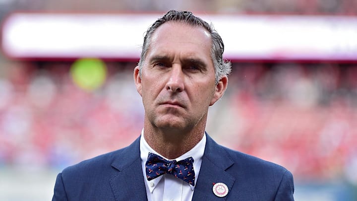 Aug 24, 2019; St. Louis, MO, USA; St. Louis Cardinals president of baseball operations John Mozeliak looks on during a ceremony prior to the start of a game against the Colorado Rockies during an MLB Players' Weekend game at Busch Stadium. Mandatory Credit: Jeff Curry-Imagn Images