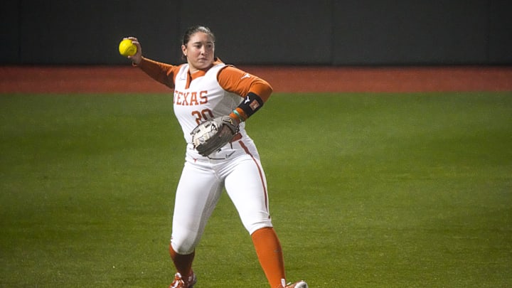 Texas Longhorns outfielder Katie Stewart (2) throws the ball to first during the game against Texas Tech on day one of the Bevo Classic at Red and Charline McCombs field on Friday, February. 14, 2025 in Austin.
