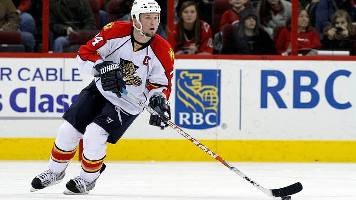 December 19, 2009; Raleigh, NC, USA; Florida Panthers defensemen Bryan McCabe (24) carries the puck against the Carolina Hurricanes at the RBC Center. The Hurricanes defeated the Panthers 3-2. Mandatory Credit: James Guillory-USPRESSWIRE December 19, 2009; Raleigh, NC, USA; Florida Panthers defensemen Bryan McCabe (24) carries the puck against the Carolina Hurricanes at the RBC Center. The Hurricanes defeated the Panthers 3-2. Mandatory Credit: James Guillory-USPRESSWIRE