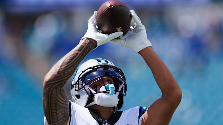 Carolina Panthers wide receiver Tetairoa McMillan (4) catches a pass before an NFL football matchup at EverBank Stadium, Sunday, Sept. 7, 2025 in Jacksonville, Fla.