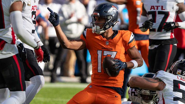 November 17, 2024: Denver Broncos wide receiver Devaughn Vele (17) signals first down after a catch in the first half of the football game between the Denver Broncos and Atlanta Falcons. 