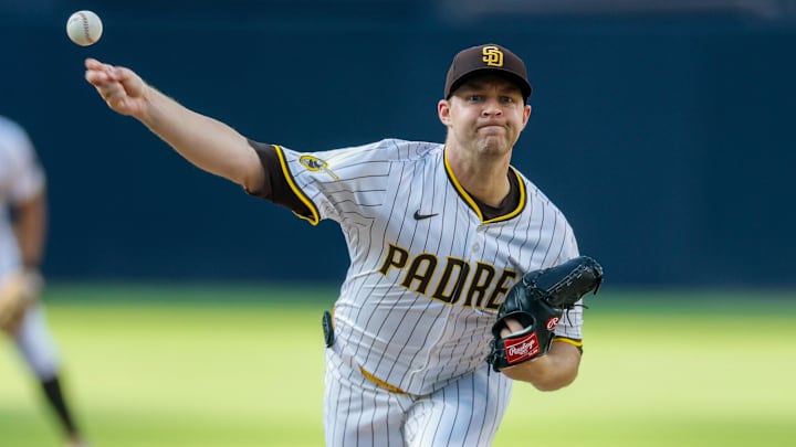Aug 9, 2025; San Diego, California, USA; San Diego Padres starting pitcher Michael King (34) throws a pitch during the first inning against the Boston Red Sox at Petco Park. Mandatory Credit: David Frerker-Imagn Images