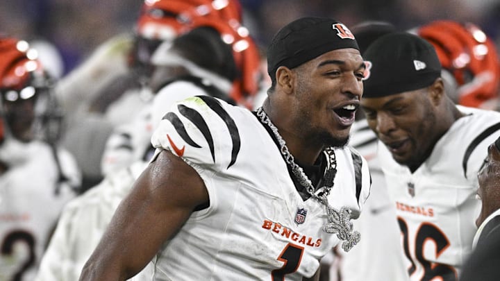 Nov 7, 2024; Baltimore, Maryland, USA;Cincinnati Bengals wide receiver Ja'Marr Chase (1) walks with a chain around his neck on the sidelines after scoring a touchdown  during the second half against the Baltimore Ravens  at M&T Bank Stadium. Mandatory Credit: Tommy Gilligan-Imagn Images