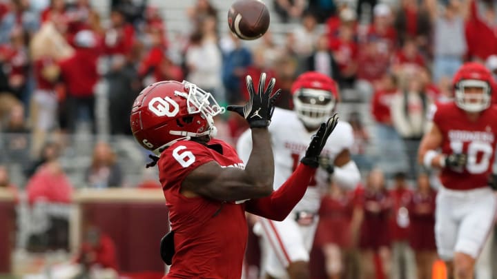 Oklahoma's Deion Burks catches a pass for a touchdown during a University of Oklahoma (OU) Sooners spring football game at Gaylord Family-Oklahoma Memorial Stadium in Norman, Okla., Saturday, April 20, 2024.