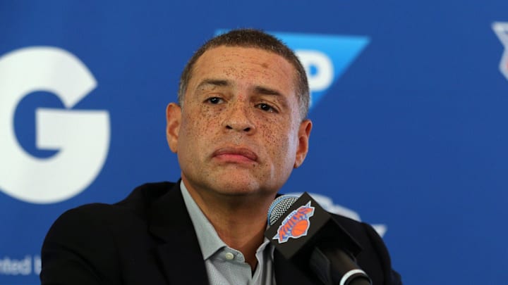 Sep 25, 2017; Greenburgh, NY, USA; New York Knicks general manager Scott Perry speaks to the media on media day at MSG Training Center. Mandatory Credit: Brad Penner-Imagn Images
