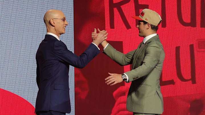 Jun 26, 2024; Brooklyn, NY, USA; Reed Sheppard shakes hands with NBA commissioner Adam Silver after being selected in the first round by the Houston Rockets in the 2024 NBA Draft at Barclays Center. Mandatory Credit: Brad Penner-USA TODAY Sports Jun 26, 2024; Brooklyn, NY, USA; Reed Sheppard shakes hands with NBA commissioner Adam Silver after being selected in the first round by the Houston Rockets in the 2024 NBA Draft at Barclays Center. Mandatory Credit: Brad Penner-USA TODAY Sports