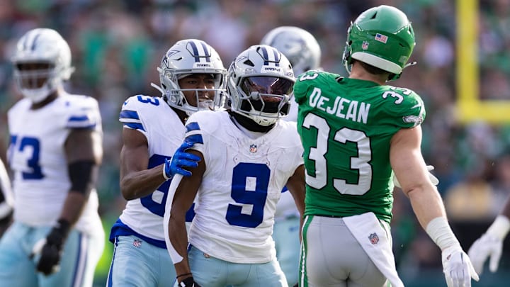 Dec 29, 2024; Philadelphia, Pennsylvania, USA; Dallas Cowboys wide receiver KaVontae Turpin (9) reacts to Philadelphia Eagles cornerback Cooper DeJean (33) tackle after a play during the first quarter at Lincoln Financial Field. Mandatory Credit: Bill Streicher-Imagn Images