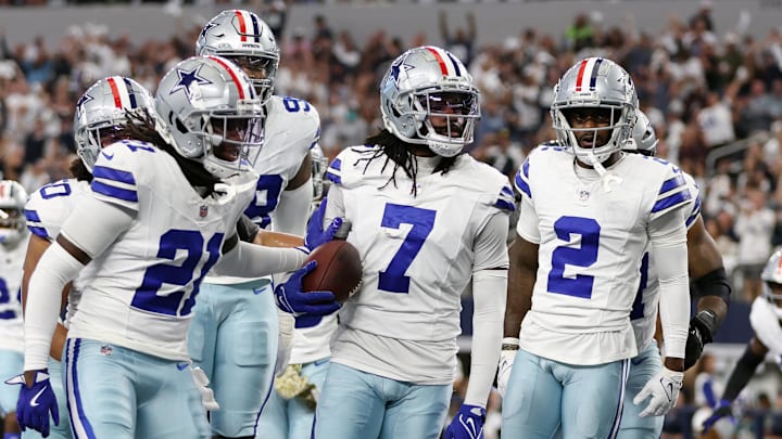 Dallas Cowboys cornerback Trevon Diggs and his teammates react after an interception in the second quarter against the Philadelphia Eagles at AT&T Stadium.