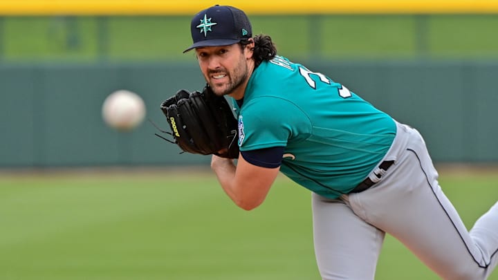 Seattle Mariners starting pitcher Robbie Ray throws during a spring training game against the Chicago Cubs on March 1, 2023, at Sloan Park.