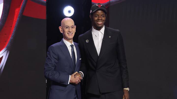 Jun 23, 2026; New York, NY, USA; NBA commissioner Adam Silver greets the fourth pick in the 2026 NBA draft, North Carolina forward Caleb Wilson after he was selected by the Chicago Bulls at Barclays Center. Mandatory Credit: Brad Penner-Imagn Images