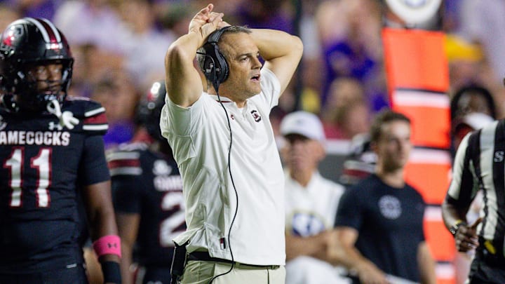 Oct 11, 2025; Baton Rouge, Louisiana, USA;  South Carolina Gamecocks head coach Shane Beamer reacts to a play against the LSU Tigers during the second half at Tiger Stadium. Mandatory Credit: Stephen Lew-Imagn Images