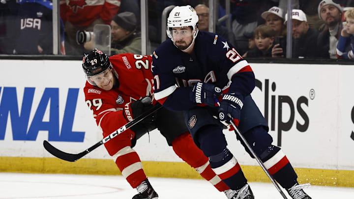 Feb 20, 2025; Boston, MA, USA; [Imagn Images direct customers only] United States forward Dylan Larkin (21) during the 4 Nations Face-Off ice hockey championship game against Canada at TD Garden. Mandatory Credit: Winslow Townson-Imagn Images