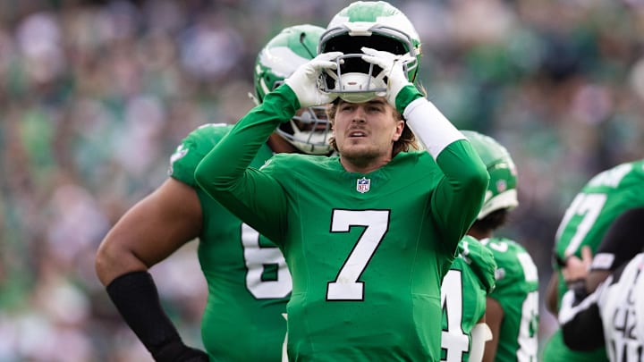 Dec 29, 2024; Philadelphia, Pennsylvania, USA; Philadelphia Eagles quarterback Kenny Pickett (7) looks on during the second quarter against the Dallas Cowboys at Lincoln Financial Field. Mandatory Credit: Bill Streicher-Imagn Images
