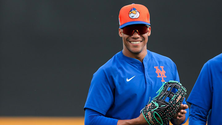 Feb 19, 2025; Port St. Lucie, FL, USA; New York Mets right fielder Juan Soto (22) looks on during a spring training workout at Clover Park. Mandatory Credit: Sam Navarro-Imagn Images