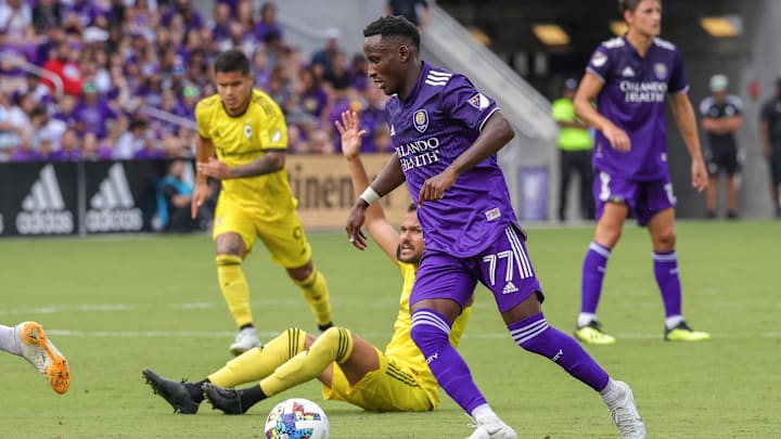 Oct 9, 2022; Orlando, Florida, USA; Orlando City forward Ivan Angulo (77) handles the ball during