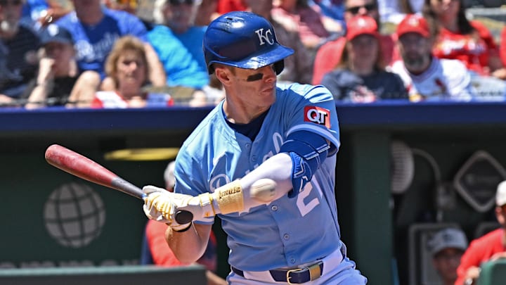 May 18, 2025; Kansas City, Missouri, USA; Kansas City Royals left fielder Mark Canha (21) gets hit with a pitch in the third inning against the St. Louis Cardinals at Kauffman Stadium. Mandatory Credit: Peter Aiken-Imagn Images May 18, 2025; Kansas City, Missouri, USA; Kansas City Royals left fielder Mark Canha (21) gets hit with a pitch in the third inning against the St. Louis Cardinals at Kauffman Stadium. Mandatory Credit: Peter Aiken-Imagn Images