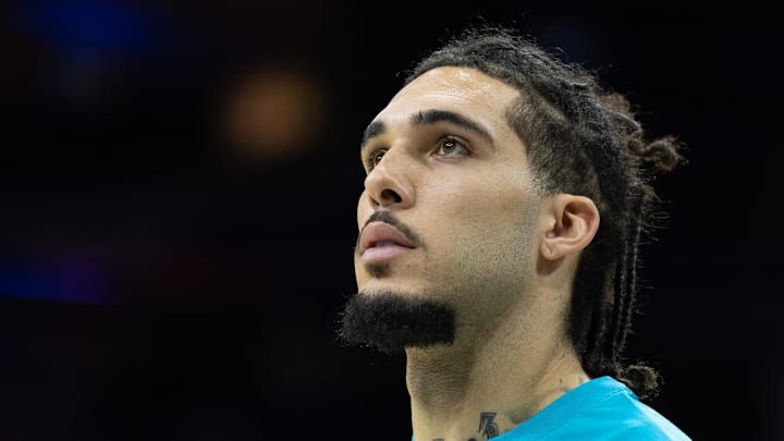 Oct 12, 2022; Philadelphia, Pennsylvania, USA; Charlotte Hornets guard LiAngelo Ball before a game against the Philadelphia 76ers at Wells Fargo Center. Oct 12, 2022; Philadelphia, Pennsylvania, USA; Charlotte Hornets guard LiAngelo Ball before a game against the Philadelphia 76ers at Wells Fargo Center.