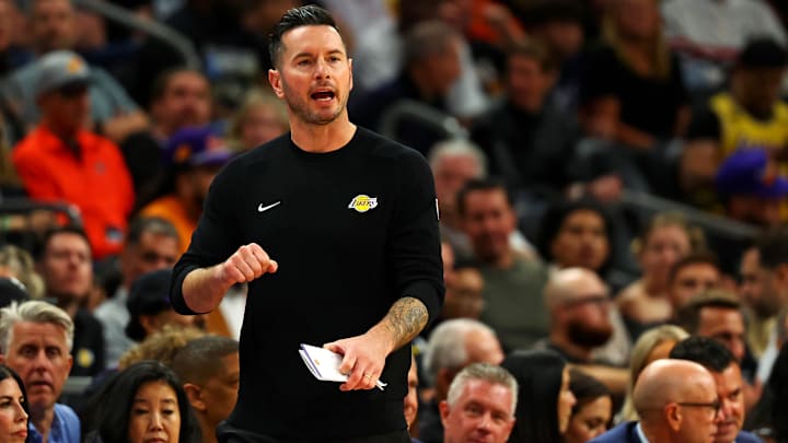 Oct 28, 2024; Phoenix, Arizona, USA; Los Angeles Lakers head coach JJ Redick talks to his team during the half of the game against the Phoenix Suns at Footprint Center. Mandatory Credit: Mark J. Rebilas-Imagn Images
