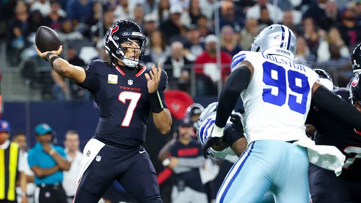 Nov 18, 2024; Arlington, Texas, USA; Houston Texans quarterback C.J. Stroud (7) throws during the first quarter against the Dallas Cowboys at AT&T Stadium. Mandatory Credit: Kevin Jairaj-Imagn Images Nov 18, 2024; Arlington, Texas, USA; Houston Texans quarterback C.J. Stroud (7) throws during the first quarter against the Dallas Cowboys at AT&T Stadium. Mandatory Credit: Kevin Jairaj-Imagn Images