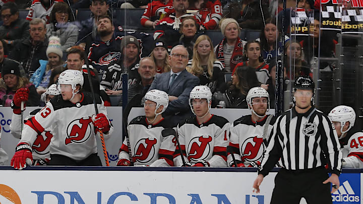 Jan 19, 2024; Columbus, Ohio, USA; New Jersey Devils head coach Lindy Ruff watches play against the