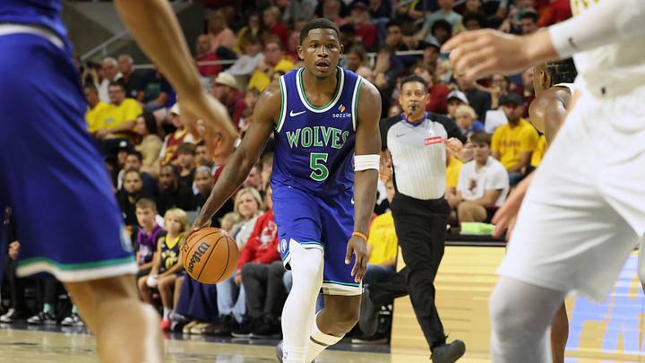 Oct 7, 2026; Ames, Iowa, USA;  Minnesota Timberwolves guard Anthony Edwards (5) sets the offense against the Indiana Pacers at James H. Hilton Coliseum.  Mandatory Credit: Reese Strickland-Imagn Images