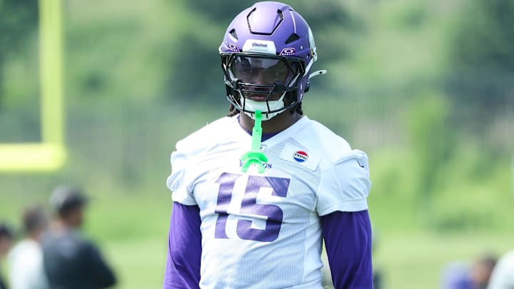 Jun 10, 2025; Minneapolis, MN, USA; Minnesota Vikings linebacker Dallas Turner (15) looks on during minicamp at the Minnesota Vikings Training Facility.