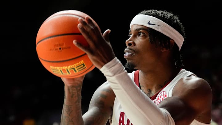 Nov 11, 2024; Tuscaloosa, AL, USA; Alabama guard Latrell Wrightsell Jr. (3) takes a three pointer from the corner at Coleman Coliseum. Alabama defeated McNeese 72-64. Mandatory Credit: Gary Cosby Jr.-Tuscaloosa News Nov 11, 2024; Tuscaloosa, AL, USA; Alabama guard Latrell Wrightsell Jr. (3) takes a three pointer from the corner at Coleman Coliseum. Alabama defeated McNeese 72-64. Mandatory Credit: Gary Cosby Jr.-Tuscaloosa News