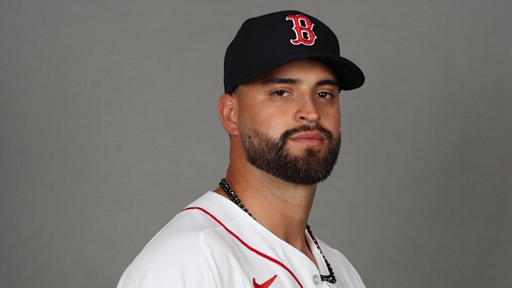 Feb 17, 2026; Lee County, FL, USA;  Boston Red Sox pitcher Patrick Sandoval (43) poses for a photo during media day at JetBlue Park. Mandatory Credit: Kim Klement Neitzel-Imagn Images