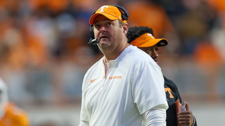 Nov 29, 2025; Knoxville, Tennessee, USA;  Tennessee Volunteers head coach Josh Heupel during the first half against the Vanderbilt Commodores at Neyland Stadium. Mandatory Credit: Randy Sartin-Imagn Images