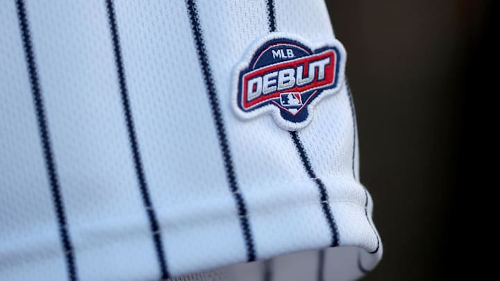Detail view of the MLB debut patch on the sleeve