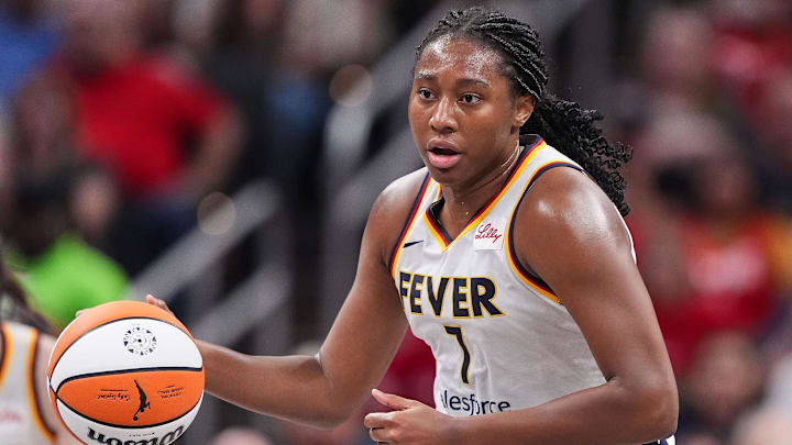 Indiana Fever forward Aliyah Boston (7) rushes up the court Friday, July 12, 2024, during the game at Gainbridge Fieldhouse in Indianapolis. The Indiana Fever defeated the Phoenix Mercury, 95-86.