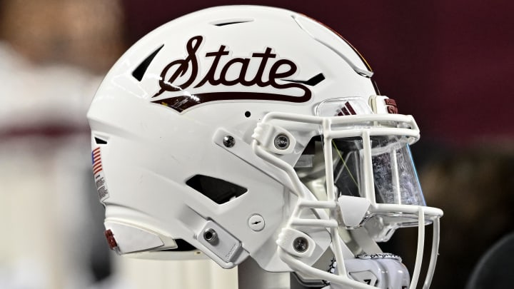 Nov 11, 2023; College Station, Texas, USA; Mississippi State Bulldogs helmet on the sideline during