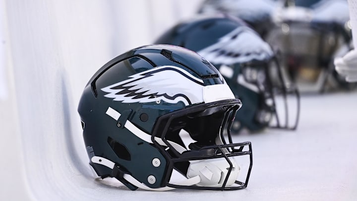 Aug 15, 2024; Foxborough, MA, USA; Philadelphia Eagles helmets sit on the bench during the first half against the New England Patriots at Gillette Stadium. Mandatory Credit: Eric Canha-Imagn Images Aug 15, 2024; Foxborough, MA, USA; Philadelphia Eagles helmets sit on the bench during the first half against the New England Patriots at Gillette Stadium. Mandatory Credit: Eric Canha-Imagn Images