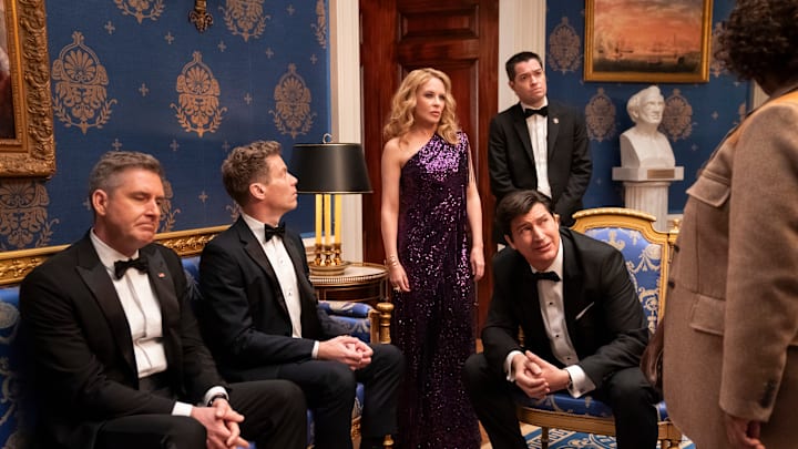 The Residence. (L to R) Paul Fitzgerald as President Perry Morgan, Barrett Foa as Elliot Morgan, Kylie Minogue as Self, Ken Marino as Harry Hollinger, Dan Perrault as Colin Trask, Uzo Aduba as Cordelia Cupp in episode 105 of The Residence
