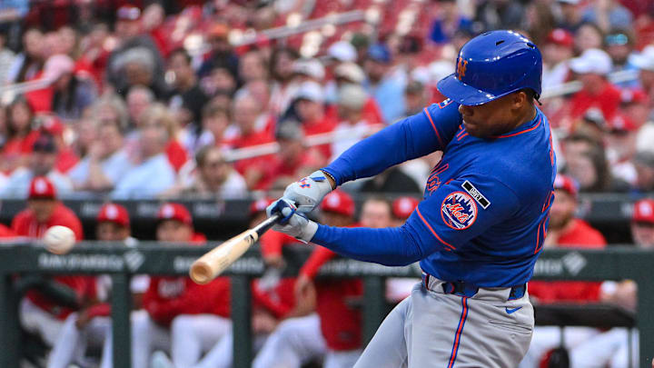 Mar 31, 2026; St. Louis, Missouri, USA; New York Mets left fielder Juan Soto (22) hits a single against the St. Louis Cardinals during the first inning at Busch Stadium. Mandatory Credit: Jeff Curry-Imagn Images