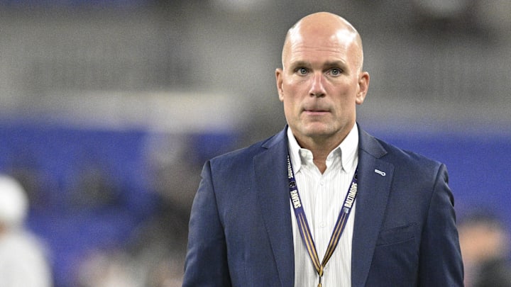 Baltimore Ravens general manager Eric DeCosta one the field before the game against the Cincinnati Bengals.