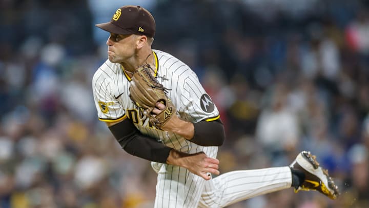 Jun 24, 2025; San Diego, California, USA; San Diego Padres relief pitcher Jason Adam (40) throws a pitch during the sixth inning against the Washington Nationals at Petco Park. Mandatory Credit: David Frerker-Imagn Images Jun 24, 2025; San Diego, California, USA; San Diego Padres relief pitcher Jason Adam (40) throws a pitch during the sixth inning against the Washington Nationals at Petco Park. Mandatory Credit: David Frerker-Imagn Images