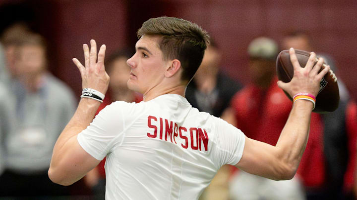 March 25, 2026; Tuscaloosa, AL, USA; Quarterback Ty Simpson throws during Pro Day in the Hank Crisp Indoor Practice Facility at the University of Alabama.