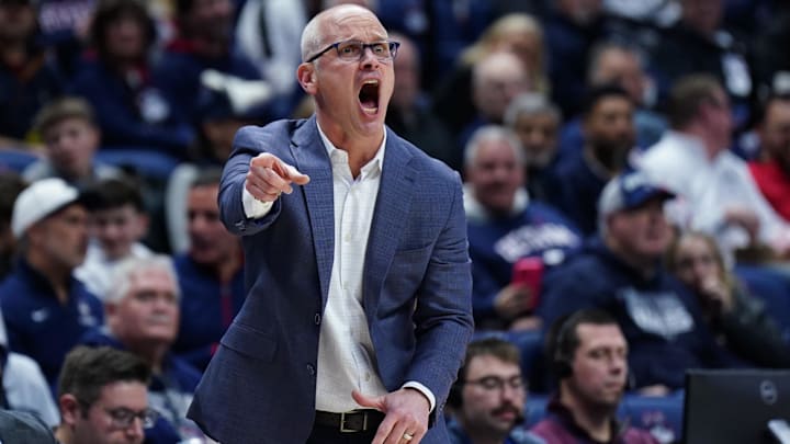 Dec 5, 2025; Storrs, Connecticut, USA; UConn Huskies head coach Dan Hurley watches from the sideline as they take on East Texas A&M at Harry A. Gampel Pavilion. Mandatory Credit: David Butler II-Imagn Images
