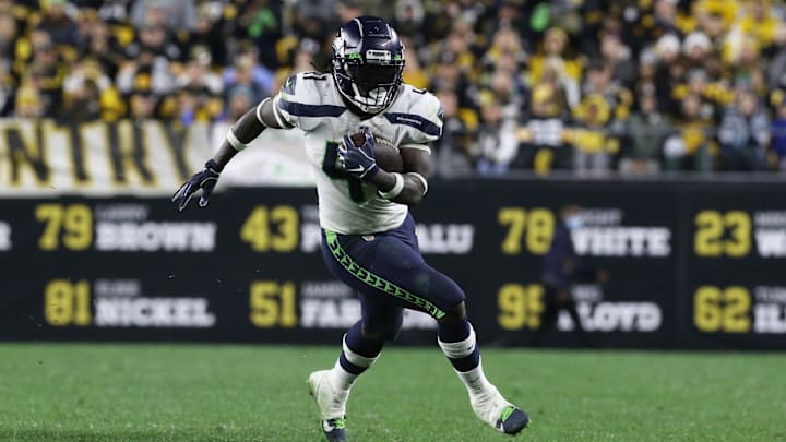 Oct 17, 2021; Pittsburgh, Pennsylvania, USA;  Seattle Seahawks running back Alex Collins (41)