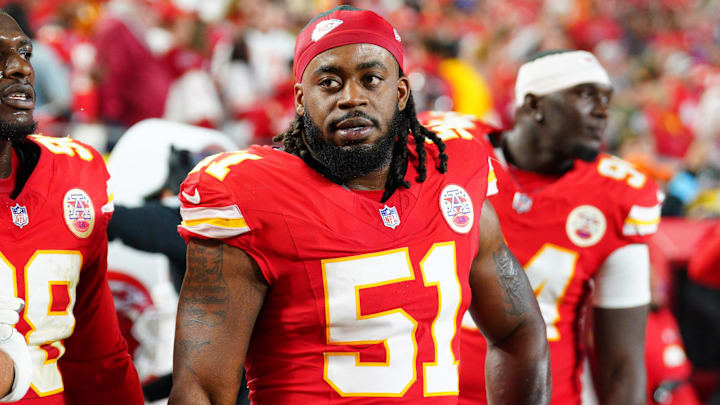 Oct 7, 2024; Kansas City, Missouri, USA; Kansas City Chiefs defensive end Mike Danna (51) on the sidelines against the New Orleans Saints during the game at GEHA Field at Arrowhead Stadium. Mandatory Credit: Denny Medley-Imagn Images